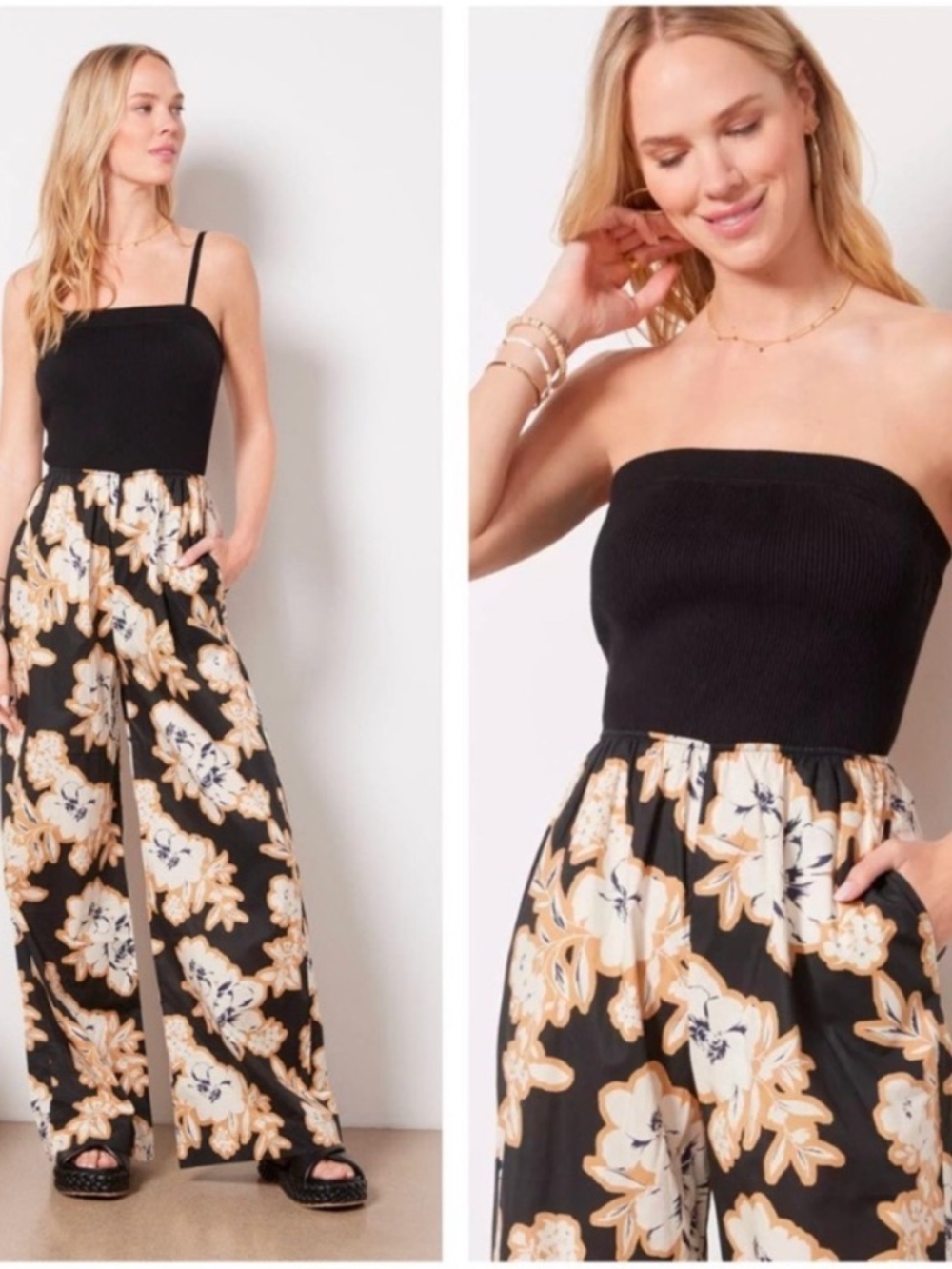 Evereve Miley Black Ribbed Bodice Wide-Leg Jumpsuit with Cream Floral